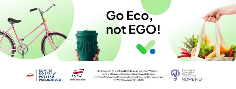 Logo konkursu Po lewej stronie zdjęcie rower, po prawej siatka z warzywami, na środku napis Go Eco. not EGO