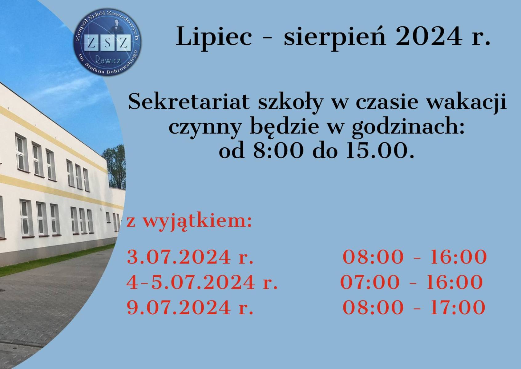 Sekretariat szkoły w czasie wakacji 2024