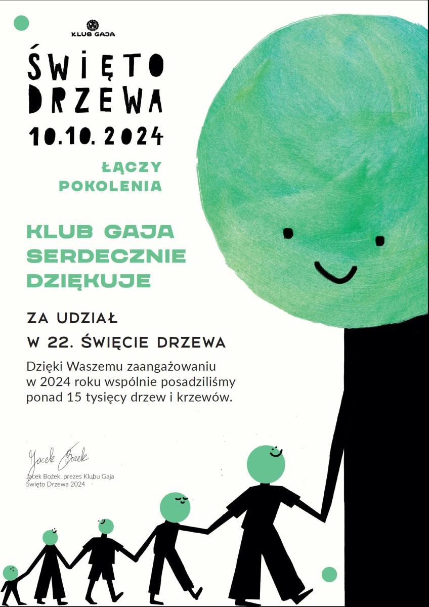 Podziękowania od Klubu Gaja dla ZSZ Rawicz za udział w Święcie Drzewa - 2024